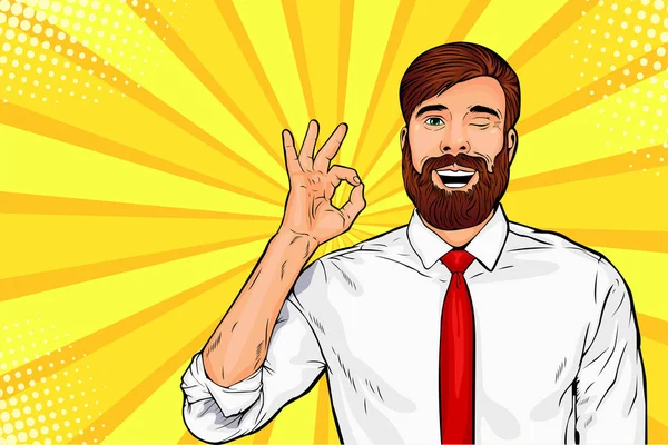 Hipster Beard Male Businessman Winks Shows Okay Gesture Pop Art — Stock Vector