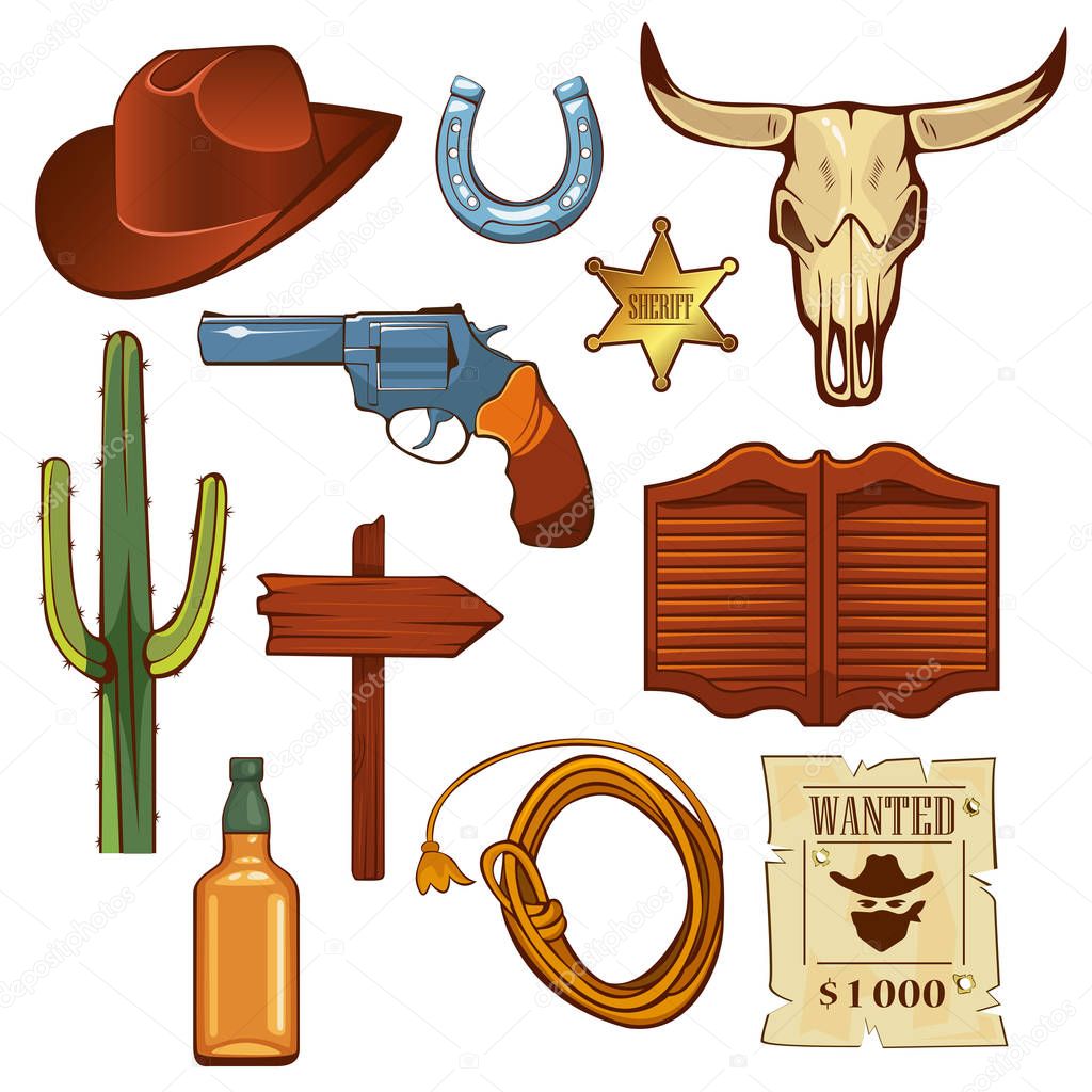 Colorful wild west elements set. Bull skull, cowboy hat, lasso, bottle of whiskey, revolver, sheriff star, signboard, cactus, saloon door isolated vector illustration.