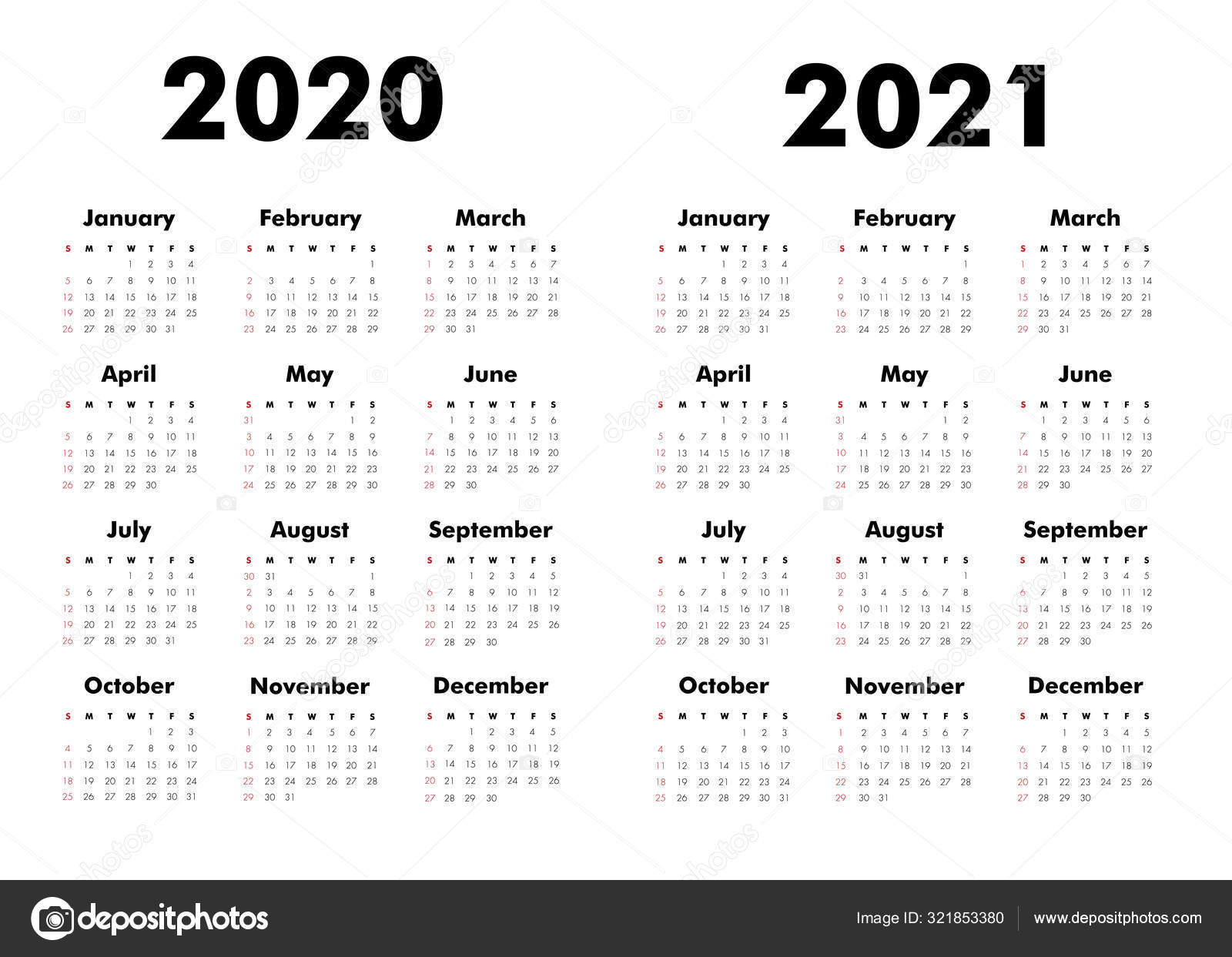 Vector Calendar 2020 2021 Years Week Starts Sunday Stationery Calender