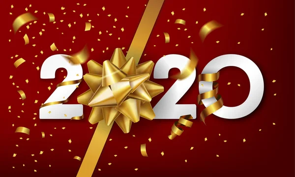 2020年快乐新年矢量背景与金色礼弓和彩礼 圣诞节庆祝设计 — 图库矢量图片
