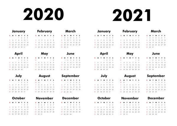 Vector Calendar 2020 2021 Anos Semana Começa Domingo Modelo Calandra — Vetor de Stock