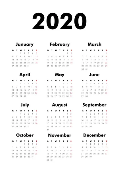 Vector Calendar 2020 Year Week Starts Monday Stationery Calender Template — Stock Vector