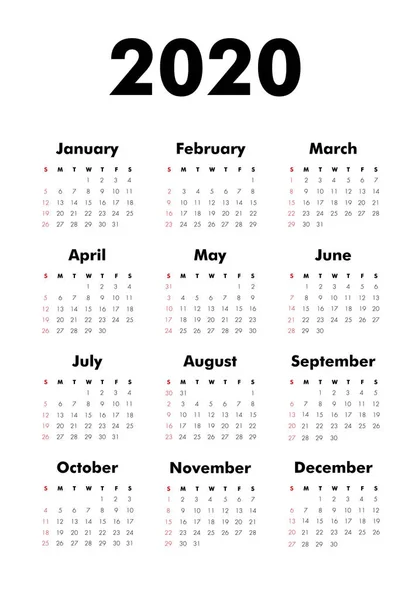 Calendarul Vectorial Anul 2020 Săptămâna Începe Duminică Șablon Papetărie Calender — Vector de stoc