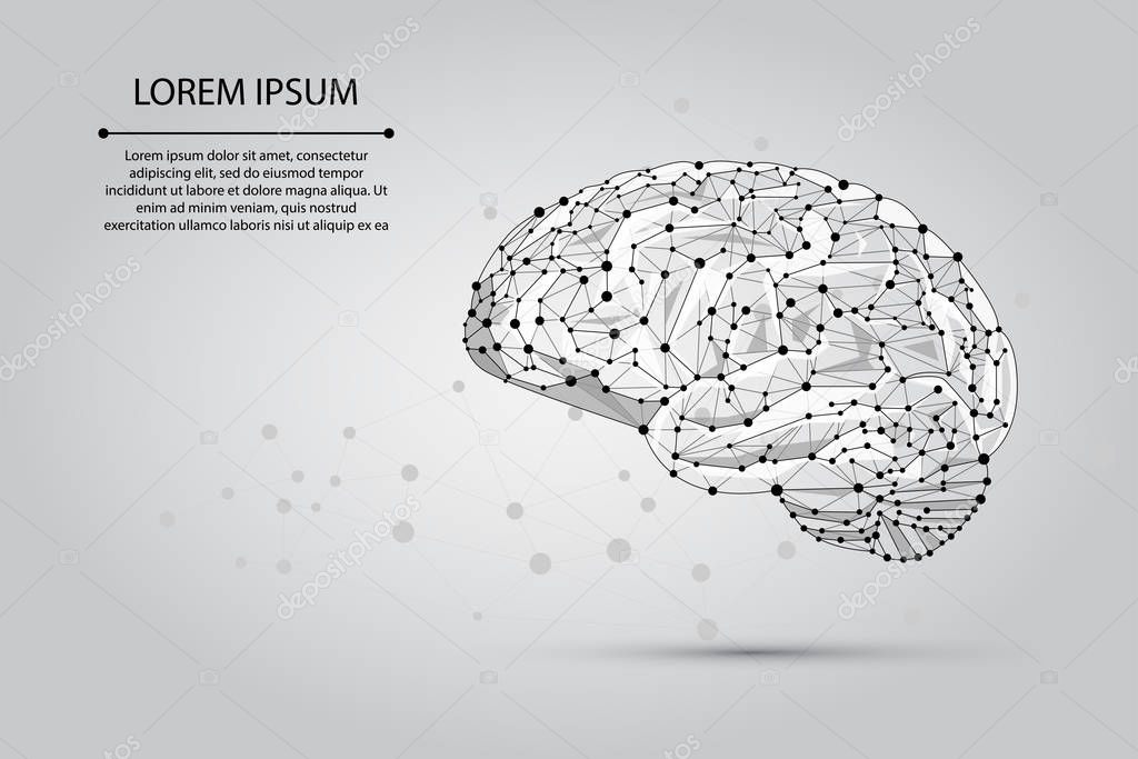 Abstract mash line and point human Brain. Low poly Neural network. IQ testing, artificial intelligence virtual emulation science technology concept. Brainstorm think idea vector illustration.