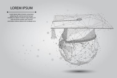 Soyut püre çizgisi ve Dünya gezegenindeki mezuniyet şapkası. Düşük polimerli E-öğrenim uzaktan eğitim sertifikası programı konsepti. İnternet eğitimi kurs derecesi vektör illüstrasyonu