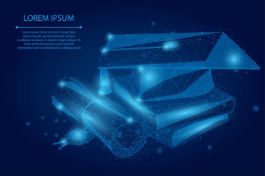 Soyut karma çizgi ve puan mezuniyet şapkası, kitaplar ve diploma. Çokgen E-öğrenim uzaktan lisans programı konsepti. Düşük poli kurs dereceli vektör çizimi