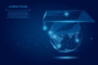 Soyut püre çizgisi ve Dünya gezegenindeki mezuniyet şapkası. Düşük polimerli E-öğrenim uzaktan eğitim sertifikası programı konsepti. İnternet eğitimi kurs derecesi vektör illüstrasyonu
