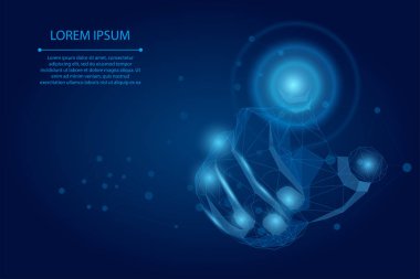 Soyut karma çizgi ve nokta el daire arayüz teknolojisine dokun. Çokgen İşadamı dijital dokunmatik ekranda bir düğmeye basıyor. Düşük poli vektör çizimi