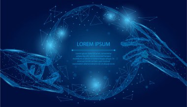 Soyut karma çizgi ve nokta, çokgen eller dijital küresel forma dokunuyor. Düşük poli vektör illüstrasyonu 