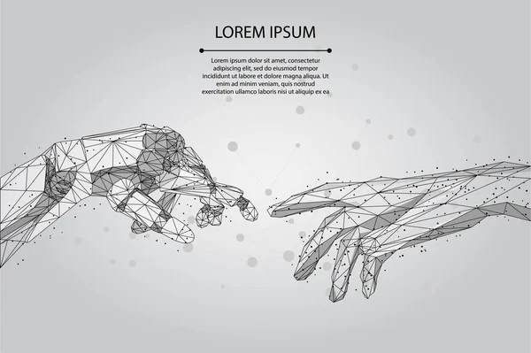 Soyut karışım çizgisi ve düşük polimerli insan ve robot ellerinin parmaklarla birbirine değdiği nokta. Çokgen Yapay Zeka 3d vektör İllüstrasyon Gelecek Teknoloji Şirketi. 