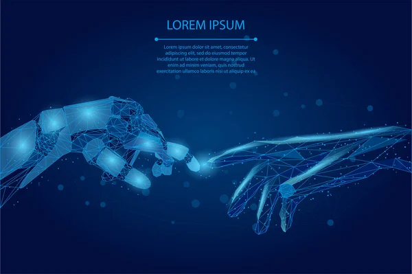 Soyut karışım çizgisi ve düşük polimerli insan ve robot ellerinin parmaklarla birbirine değdiği nokta. Çokgen Yapay Zeka 3d vektör İllüstrasyon Gelecek Teknoloji Şirketi. 
