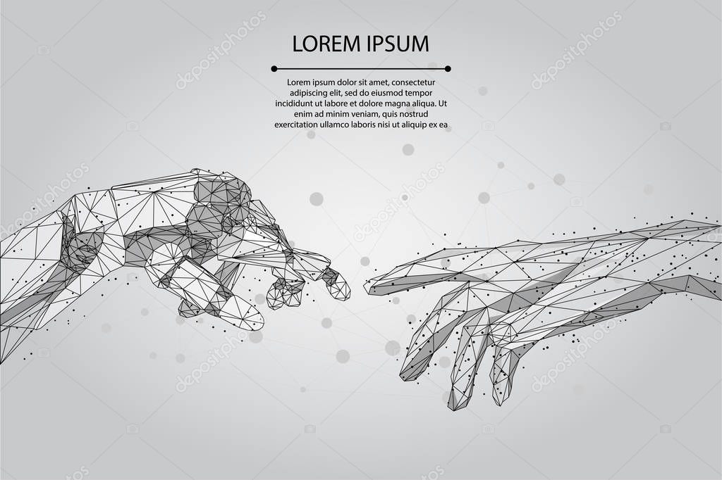 Abstract mash line and point Low poly wireframe human and robot hands touching with fingers. Polygonal artificial intelligence 3D vector Illustration Future technological business. 