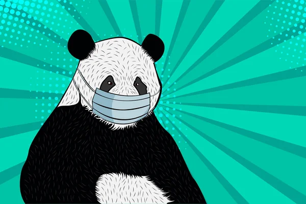 Tıbbi Maskeli Bir Panda Pop Art Retro Karikatür Tarzı Vektör — Stok Vektör