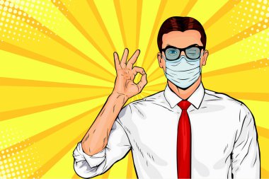Koruyucu maskeli adam. Koronavirüs, bakteri, sis ve COVID-19 virüslerine karşı koruma. Pop art retro karikatür stili vektör çizimi.