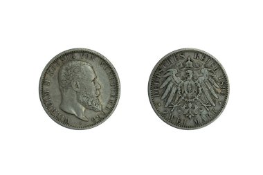 Almanya İmparatorluğu Wurttemberg gümüş sikkesi. 2 mark 1896, Koenig Wilhelm II 'nin başı. Göğsünde kalkanı olan imparatorluk kartalı.