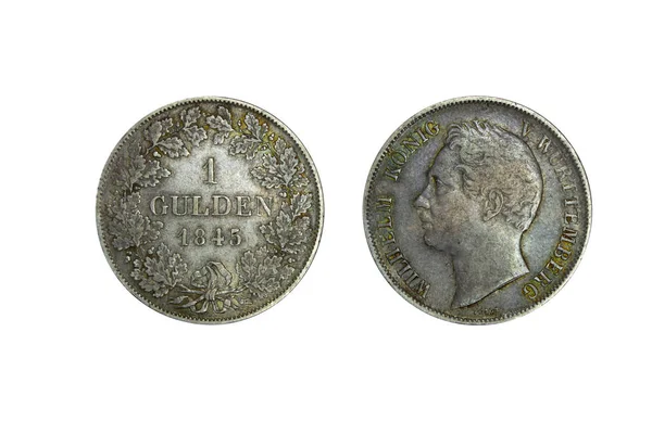 德国符腾堡银币1古尔登1845年 威廉一世的头领 在橡木花圈内命名和日期 — 图库照片