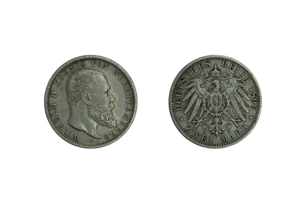 德意志帝国Wurttemberg银币2 2马克1896 科尼希 威廉二世的头像 头戴盾牌的皇鹰 被顺序链环绕在胸前 — 图库照片