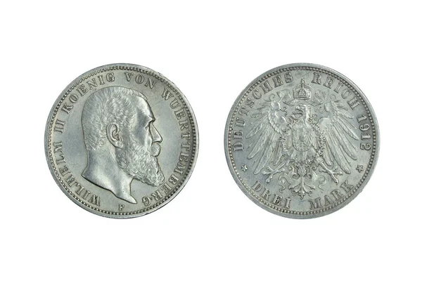 Tyskland Empire Wurttemberg Silver Mynt Tre Mark 1912 Chef För — Stockfoto