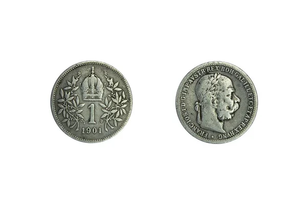奥地利帝国银币1日冕1901年弗朗茨 约瑟夫的头像 头戴盾牌的皇鹰 被链子环抱在胸前 — 图库照片