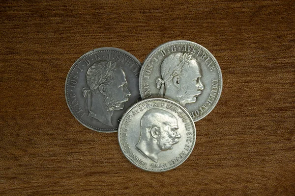 Austrian Empire Silver Coin Florin 1878 Corona 1912 Head Franz — Stock Photo, Image