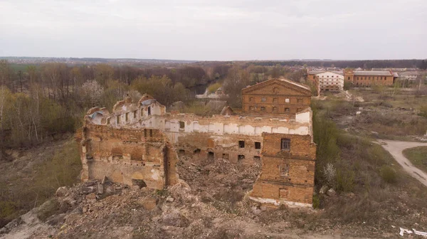 Old abandoned sugar factory in Vinnitsia region, aerial view. Broken old factory. Destroyed house