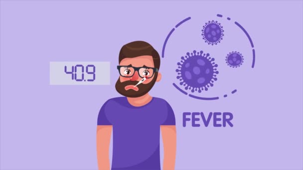 Cartoon Hipster Bebaarde Jonge Man Met Coronavirus Koorts Symptoom Video — Stockvideo