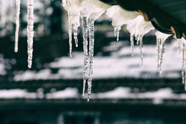 冬天冰柱在房子屋顶之下季节性背景 — 图库照片