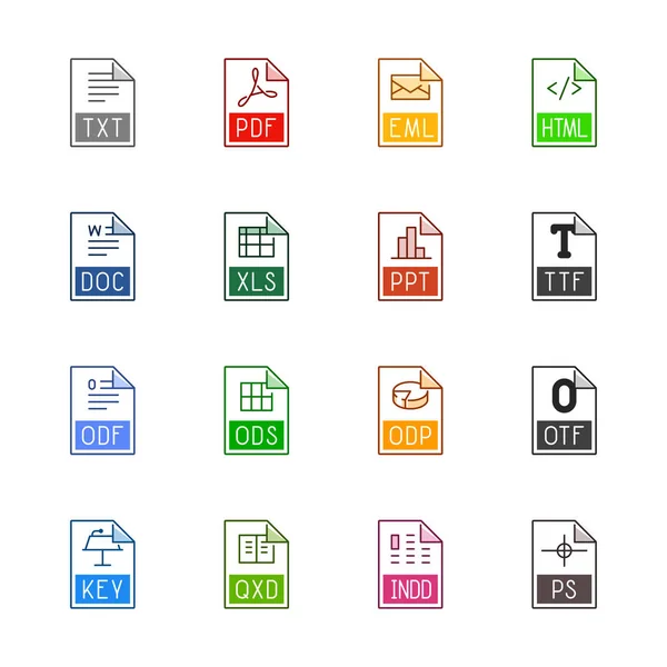 Iconos de tipo de archivo: Textos, fuentes y diseño de página - Linne Color series — Vector de stock