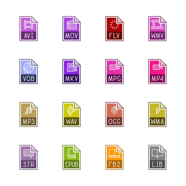 Iconos de tipo de archivo: Video, sound, and books - Linne Color series — Vector de stock