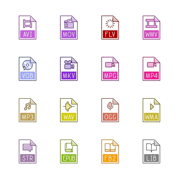 Iconos de tipo de archivo: Video, sound, and books - Linne Color series — Vector de stock