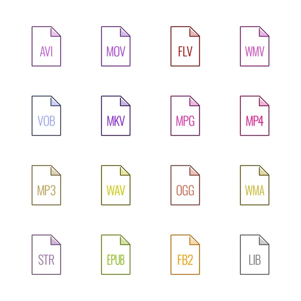 Icônes de type de fichier : Vidéo, son et livres - Linne UL Color series — Image vectorielle