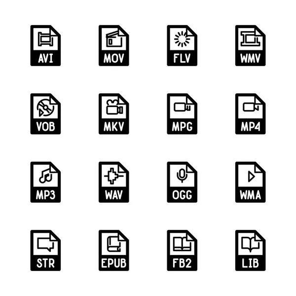 Iconos de tipo de archivo - Vídeo, sonido y libros — Vector de stock