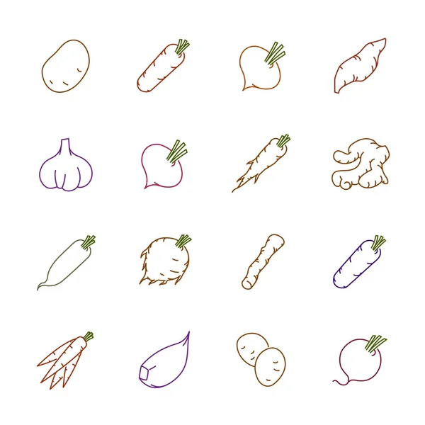 Ikony zelenina - brambory, mrkev a česnek — Stockový vektor