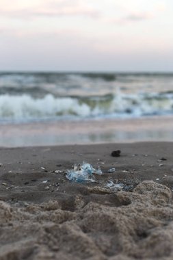 Deniz kıyısında plastik çöp