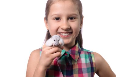 Beyaz arka planda beyaz hamsterlı tatlı küçük kız.