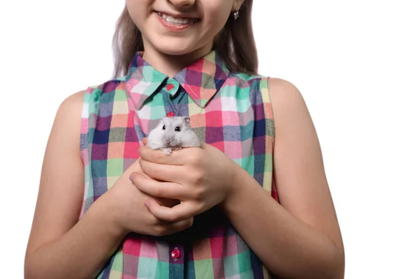 Menina Bonito Com Hamster Branco Isolado Fundo Branco — Fotografia de Stock