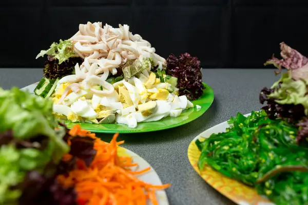 Ingredientes Para Fazer Salada Uma Chapa Verde Conceito Alimentação Saudável — Fotografia de Stock