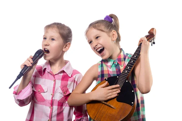 Deux Jolies Petites Filles Posant Avec Microphone Domra Concept Musicien — Photo