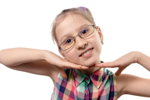 Niña Linda Gafas Posando Sobre Fondo Blanco Niño Con Mala —  Fotos de Stock