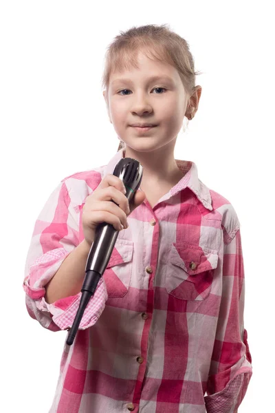 Menina Bonito Cantando Microfone Isolado Fundo Branco — Fotografia de Stock
