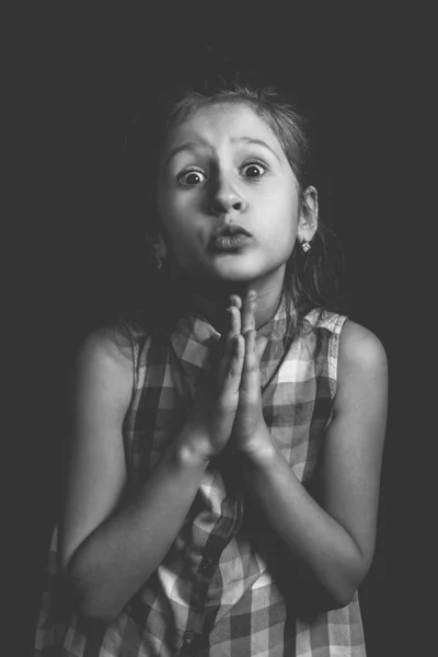 Cute Little Girl Posing Black Background Monochrome Style Photo — Stock Photo, Image
