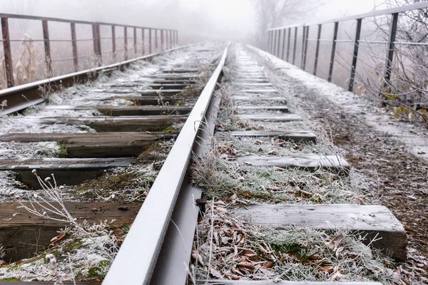 Rails Dans Givre Matin Automne Brumeux — Photo