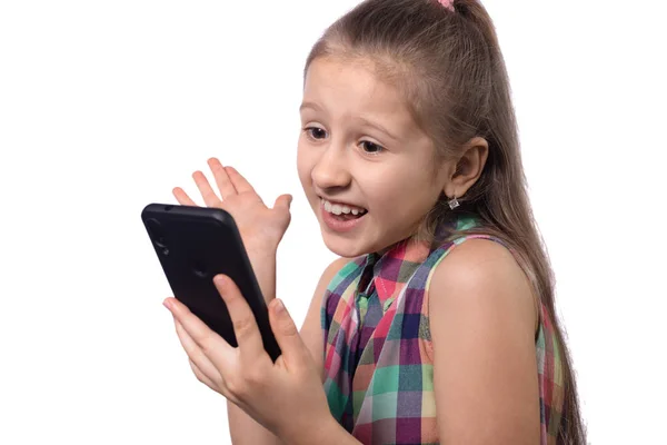 Linda Niña Utilizando Teléfono Móvil Sobre Fondo Blanco Captura Estudio —  Fotos de Stock