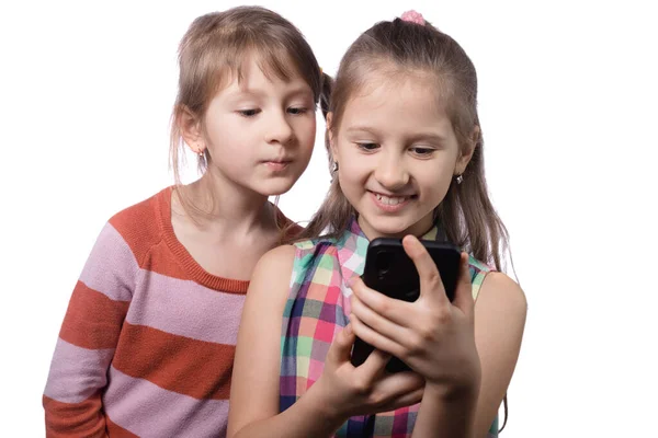 Two Cute Little Girls Posing Mobile Phone One Girl Envy — Stock Photo, Image