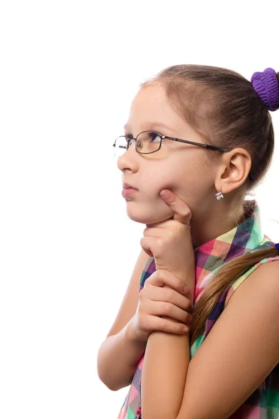 Malá Roztomilá Dívka Brýlích Pózuje Bílém Pozadí Dítě Špatným Zrakem — Stock fotografie