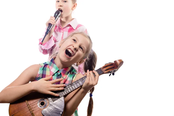 Deux Jolies Petites Filles Posant Avec Microphone Domra Concept Musicien — Photo