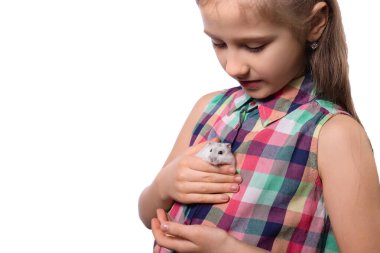 Beyaz arka planda beyaz hamsterlı tatlı küçük kız.