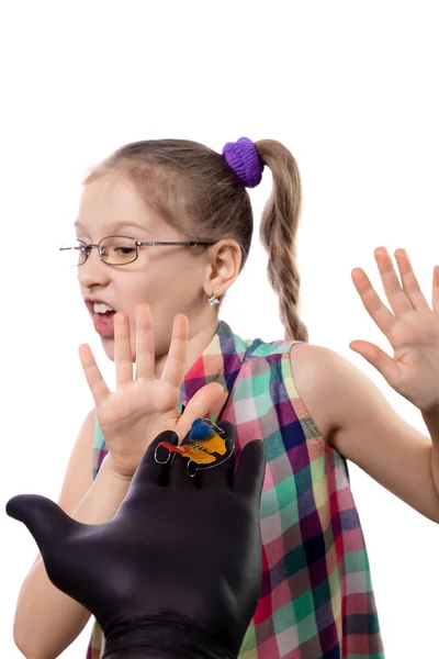 Reakcja Małej Dziewczynki Propozycję Noszenia Urządzenia Ortodontycznego Studio Zdjęcie Izolowane — Zdjęcie stockowe