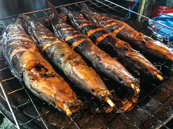 Close-up van traditionele houtskool geroosterde of gegrilde meerval op aarden oven, authentiek Thais straat voedsel. Favoriete bijgerecht menu's hebben samen met Som Tum of Thaise pittige papaja salade. Bangkok, hoofdstad van straat voedsel, Thailand, Zuidoost-Azië — Stockfoto