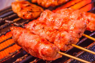 Geleneksel Tay Isaan sosis kömür ızgara zemin üzerine kavrulmuş. Asya, Tayland sokak gıda meze tarz.